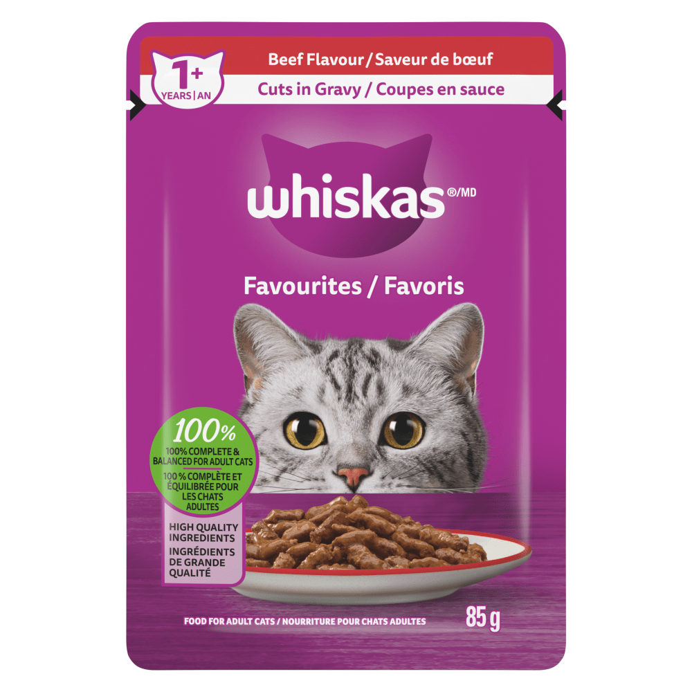 WHISKAS FAVOURITES Adult Wet Cat Food Cuts in Gravy Beef Flavour 85g Pouch image