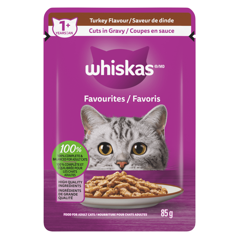 WHISKAS FAVOURITES Adult Wet Cat Food Cuts in Gravy Turkey Flavour 85g Pouch image