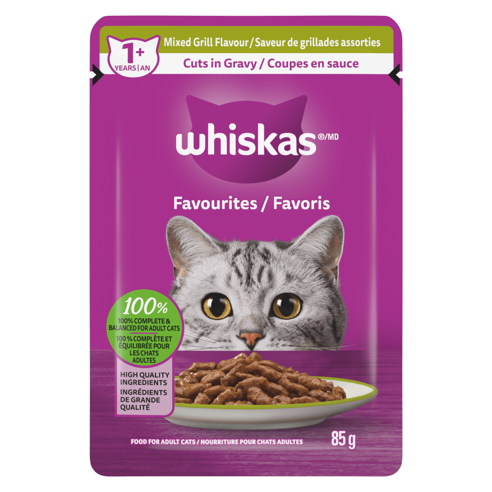 WHISKAS FAVOURITES Adult Wet Cat Food Cuts in Gravy Mixed Grill Flavour 85g Pouch image