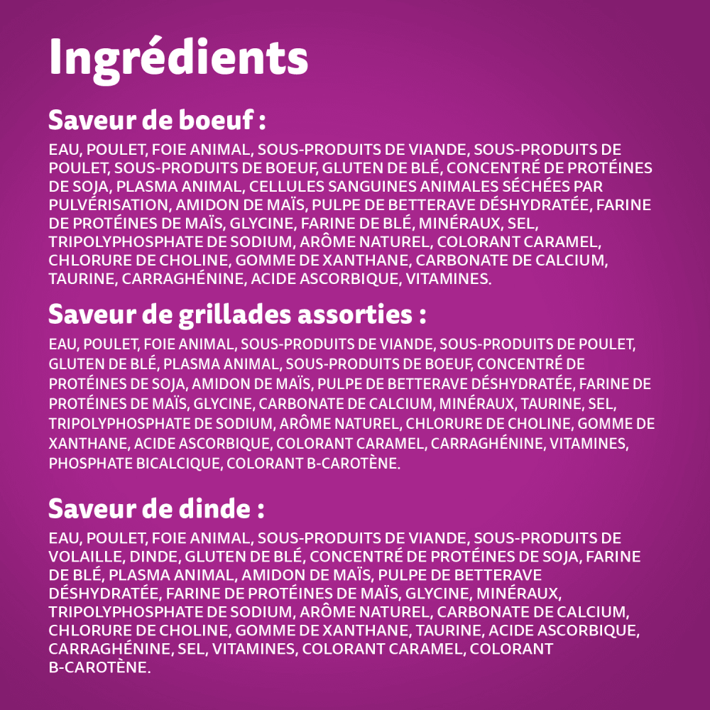 Nourriture humide pour chats adultes WHISKAS FAVORIS coupes en sauce à saveur de bœuf, à saveur de dinde et à saveur de grillades assorties, Format variété, (24) sachets de 85 g image 1