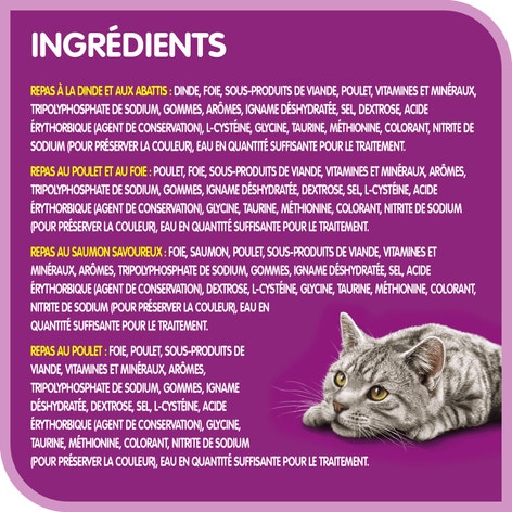 Format variété WHISKAS(MD) pâté – Sélections de saumon et de volaille – repas à la dinde et aux dinde et abattis, repas au saumon savoureux, repas au poulet et au foie et repas au poulet image 1