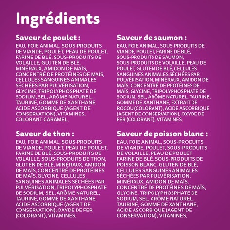 WHISKAS FAVORIS coupes en sauce en format variété – saveur de poulet, saveur de saumon, saveur de thon et saveur de poisson blanc image 1