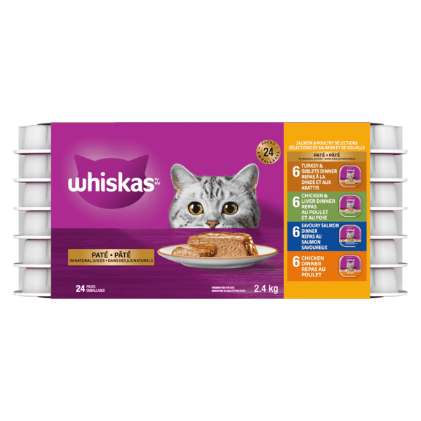 WHISKAS® Paté Salmon and Poultry Selections - Turkey & Giblets, Savoury Salmon, Chicken & Liver, Chicken Dinner Variety Pack image 1