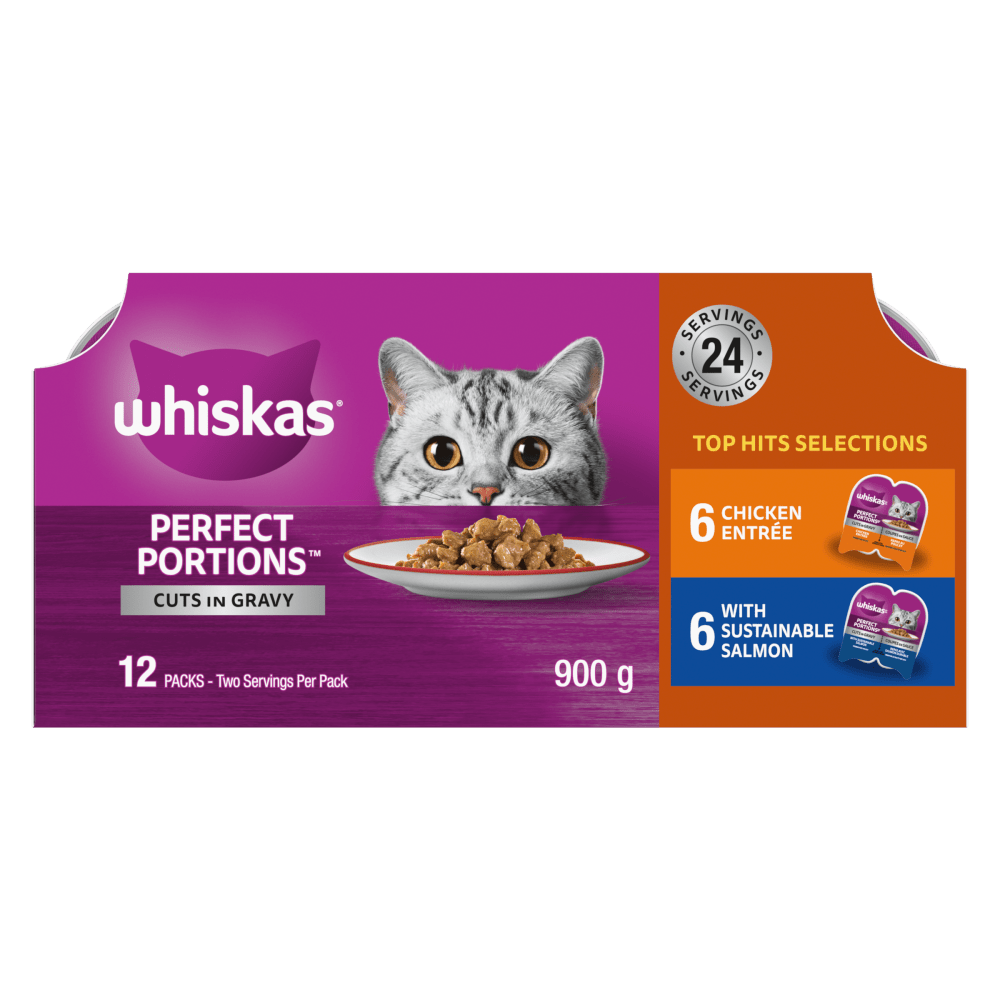 WHISKAS PERFECT PORTIONS Adult Wet Cat Food Top Hits Selections Cuts in Gravy Chicken Entrée, with Sustainable Salmon (12) 75g Tray, 900g image 1