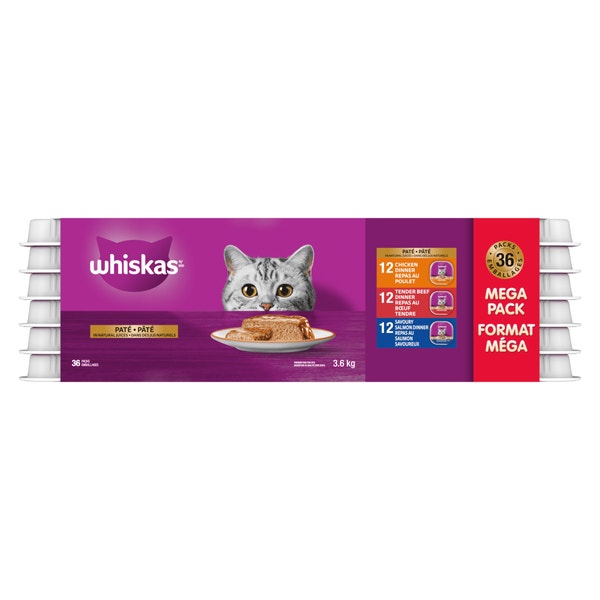 Format méga WHISKAS(MD) pâté – repas au bœuf tendre, repas au poulet et repas au saumon savoureux image 1