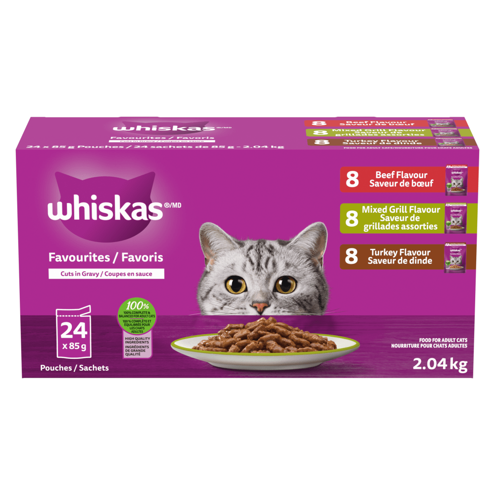 Nourriture humide pour chats adultes WHISKAS FAVORIS coupes en sauce à saveur de bœuf, à saveur de dinde et à saveur de grillades assorties, Format variété, (24) sachets de 85 g image 1