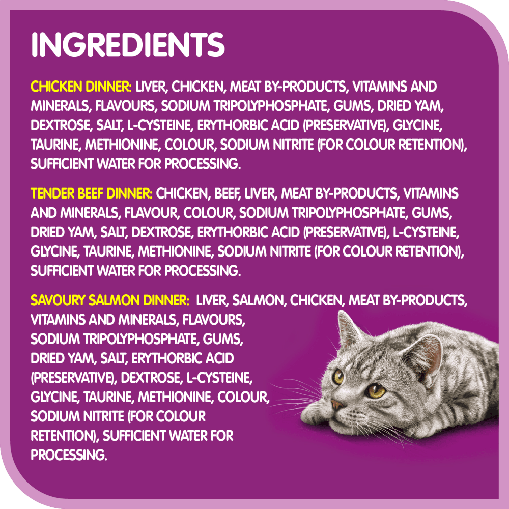 WHISKAS® PATÉ Tender Beef, Chicken and Savoury Salmon Dinner Variety Mega Pack ingredients image