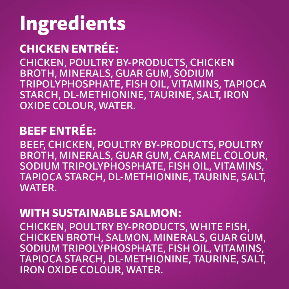 WHISKAS PERFECT PORTIONS Adult Wet Cat Food PATÉ Chicken Entrée, Beef Entrée and with Sustainable Salmon, (36) 75g Tray, 2.7kg ingredients image
