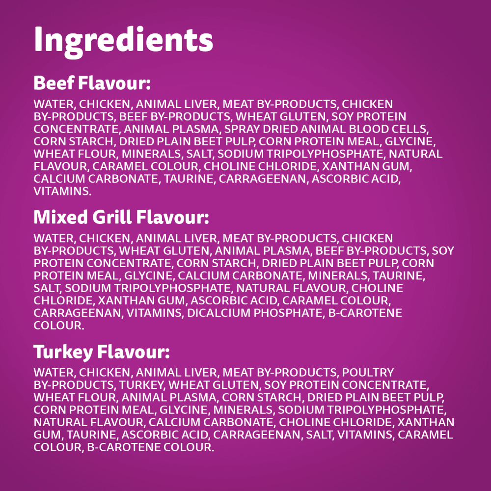 WHISKAS FAVOURITES Adult Wet Cat Food Cuts in Gravy Beef Flavour, Turkey Flavour, and Mixed Grill Flavour Variety Pack, (24) 85g Pouch ingredients image