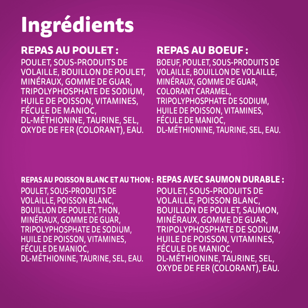 WHISKAS(MD) PERFECT PORTIONS(MD) pâté – repas au poulet, repas au bœuf, repas au poisson blanc et au thon et repas avec saumon durable ingredients image