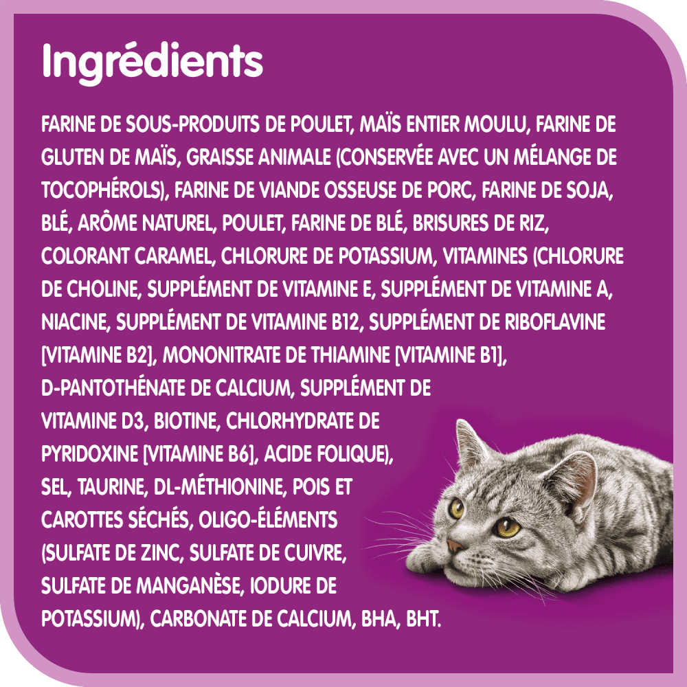 Nourriture sèche pour chats adultes WHISKASᴹᴰ TENEUR ÉLEVÉE EN PROTÉINES avec poulet véritable, 1.5 Kg ingredients image