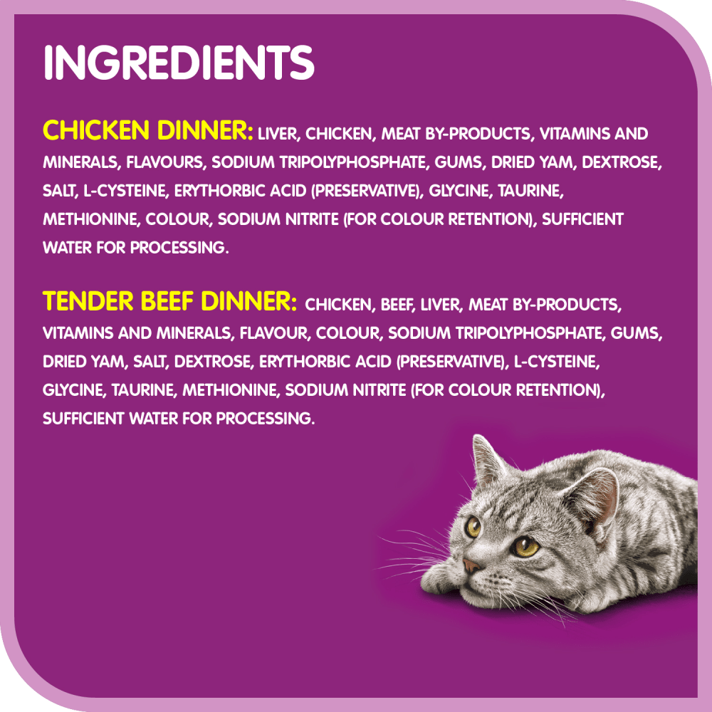 WHISKAS® MEATY SELECTIONS™ Paté - Chicken Dinner and Tender Beef Dinner Variety Pack ingredients image