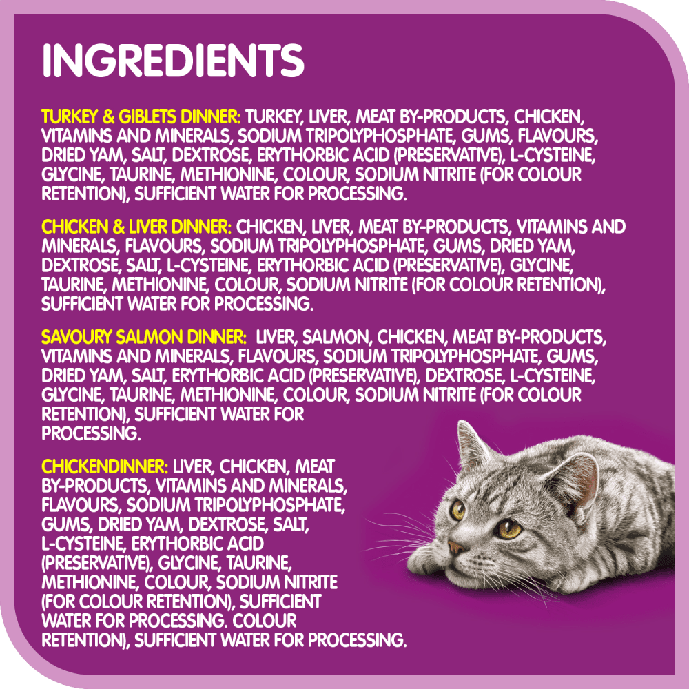 WHISKAS® Paté Salmon and Poultry Selections - Turkey & Giblets, Savoury Salmon, Chicken & Liver, Chicken Dinner Variety Pack ingredients image