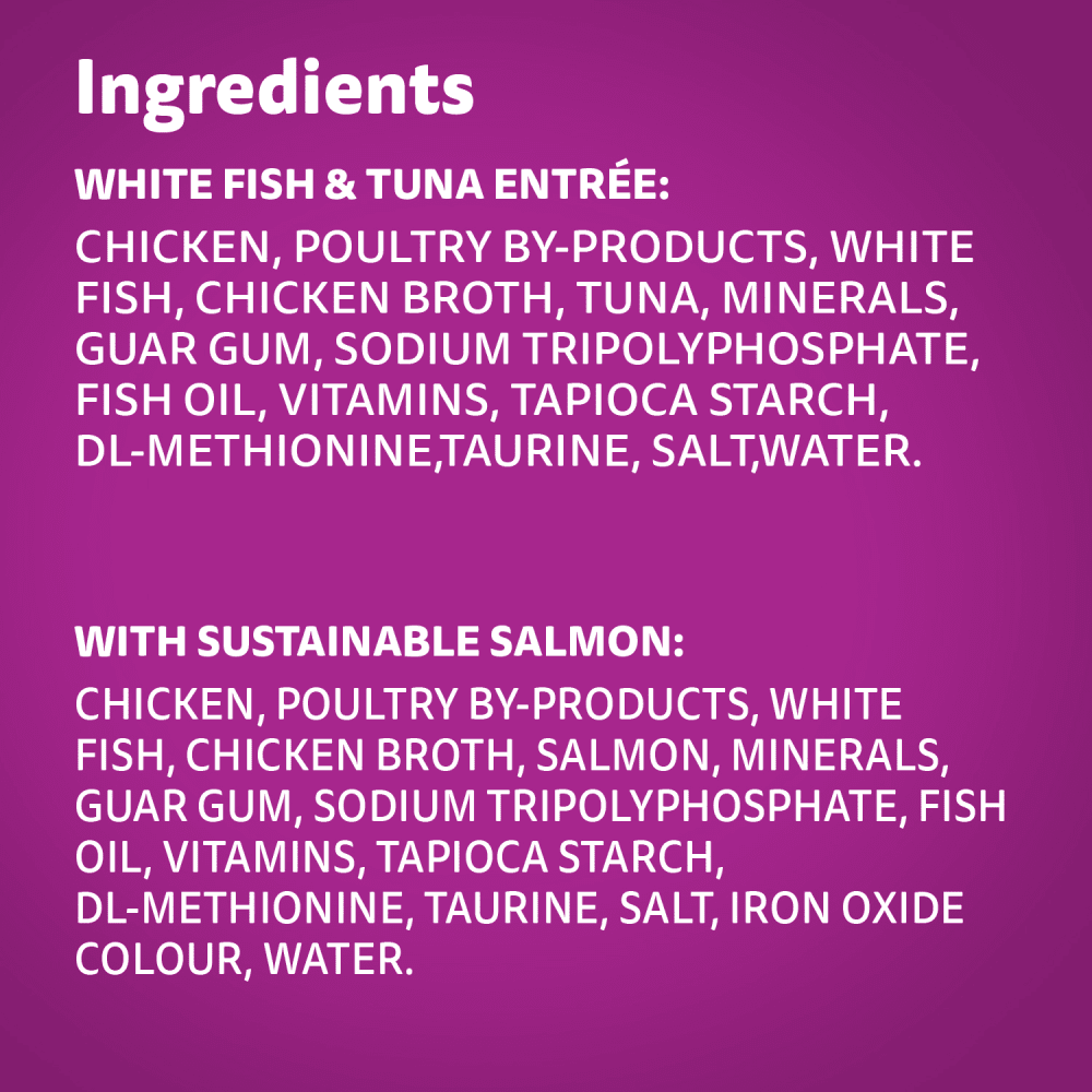 WHISKAS PERFECT PORTIONS Adult Wet Cat Food Seafood Selections Paté White Fish & Tuna Entrée, with Sustainable Salmon, (12) 75g Tray, 900g ingredients image