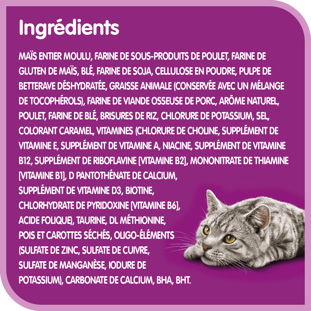 Nourriture sèche pour chats adultes WHISKASᴹᴰ Chats d’intérieur avec poulet véritable, 1.5kg ingredients image