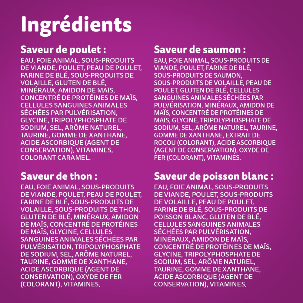 WHISKAS FAVORIS coupes en sauce en format variété – saveur de poulet, saveur de saumon, saveur de thon et saveur de poisson blanc ingredients image