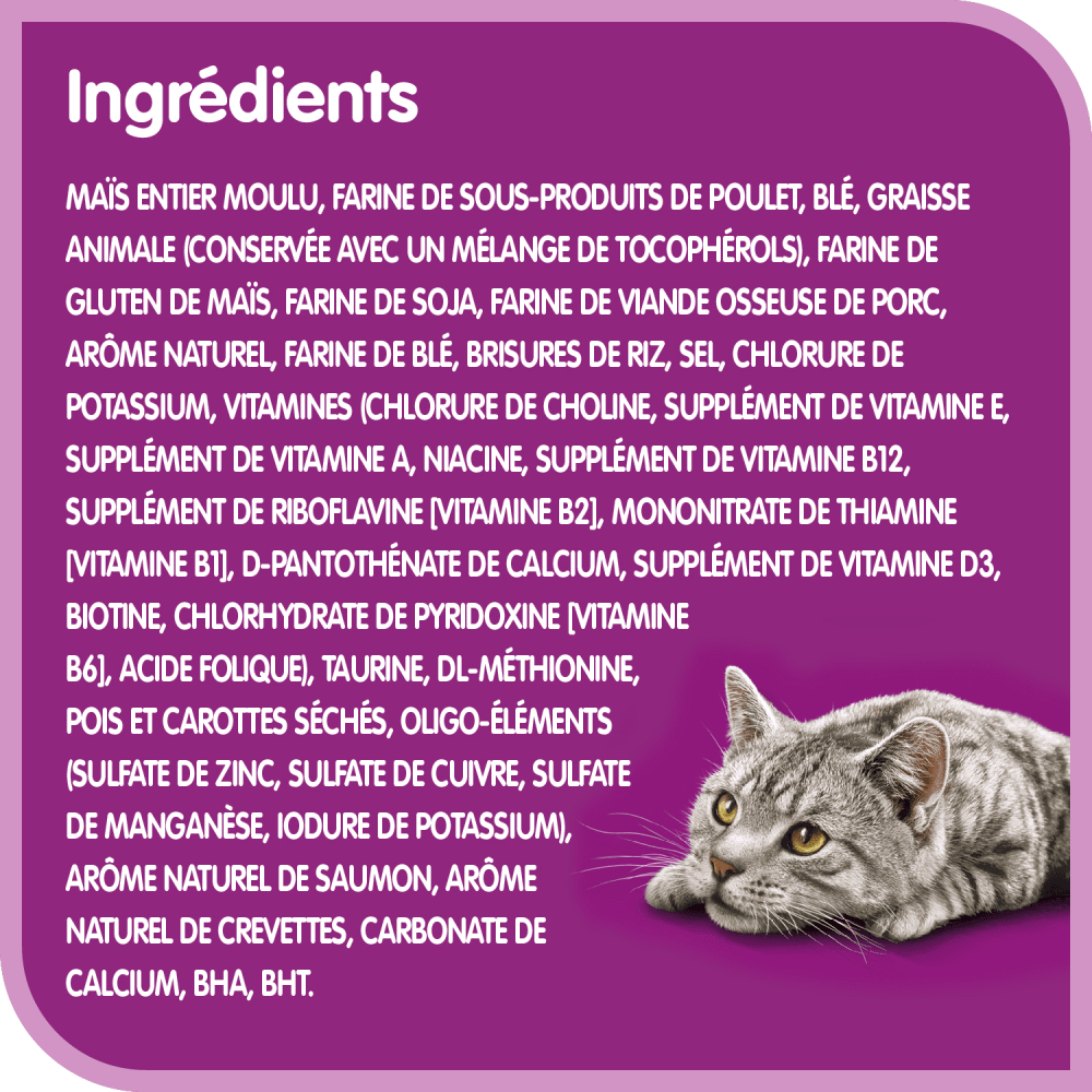 Nourriture sèche pour chats adultes WHISKASᴹᴰ SÉLECTIONS AUX FRUITS DE MERᴹᴰ arôme naturel de saumon et de crevettes, 2 kg ingredients image