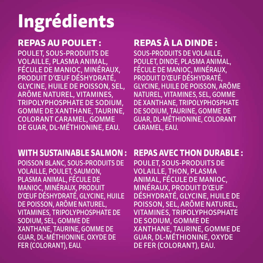 WHISKAS(MD) PERFECT PORTIONS(MD) coupes en sauce – repas au poulet, repas à la dinde, repas avec saumon durable et repas avec thon durable ingredients image