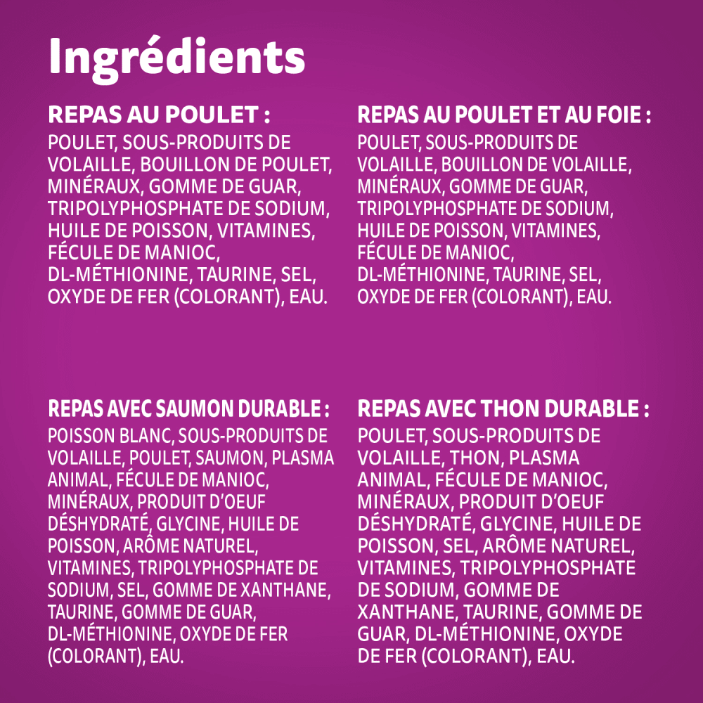WHISKAS(MD) PERFECT PORTIONS(MD) pâté – repas au poulet et repas au poulet et au foie, coupes en sauce – repas avec saumon durable et repas avec thon durable ingredients image