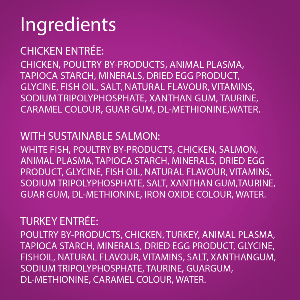 WHISKAS PERFECT PORTIONS Adult Wet Cat Food Cuts in Gravy Chicken Entrée, with Sustainable Salmon, Turkey Entrée, (36) 75g Tray, 2.7kg ingredients image