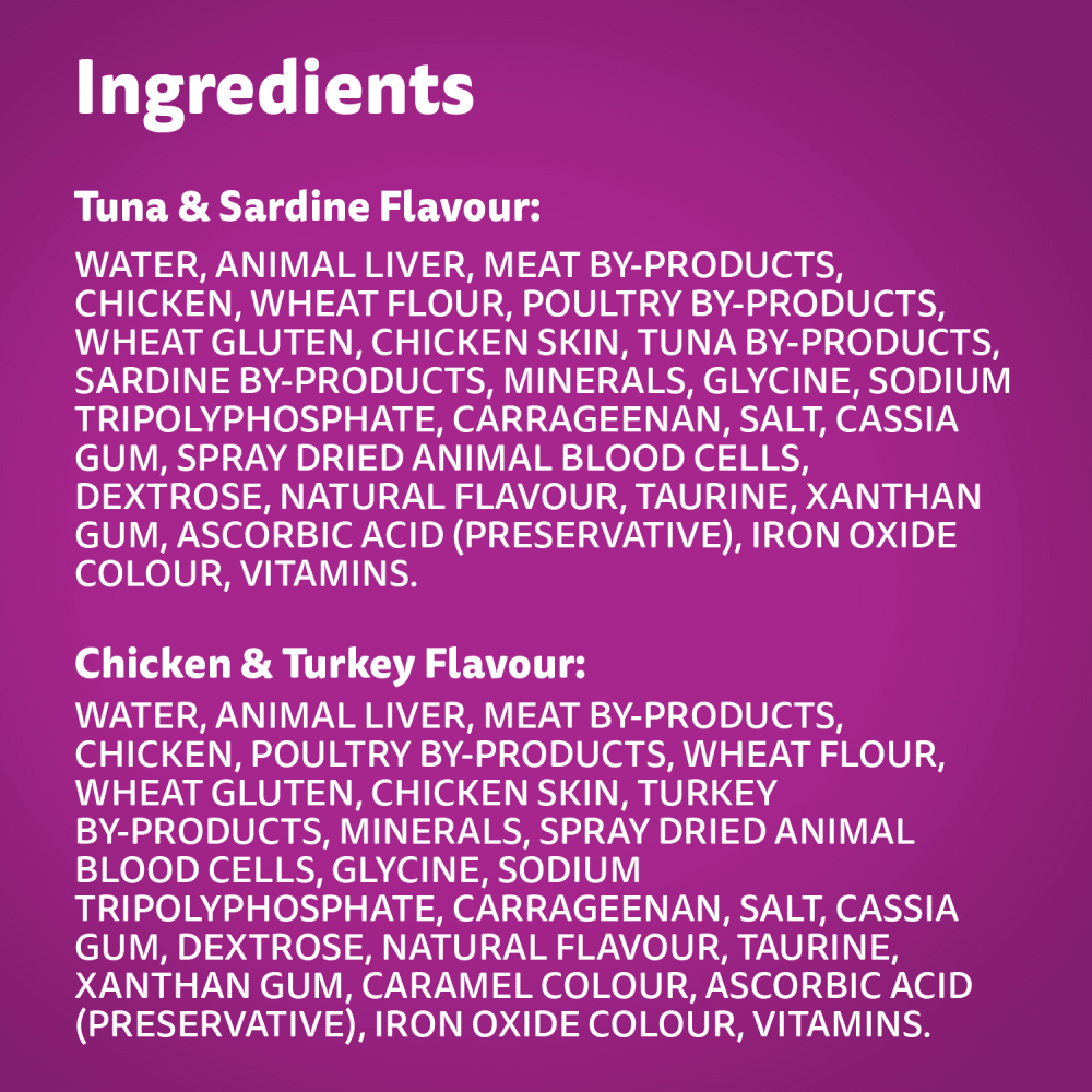 WHISKAS FAVOURITES Morsels in Gelled Gravy Tuna & Sardine Flavour and Chicken & Turkey Flavour Variety Pack ingredients image