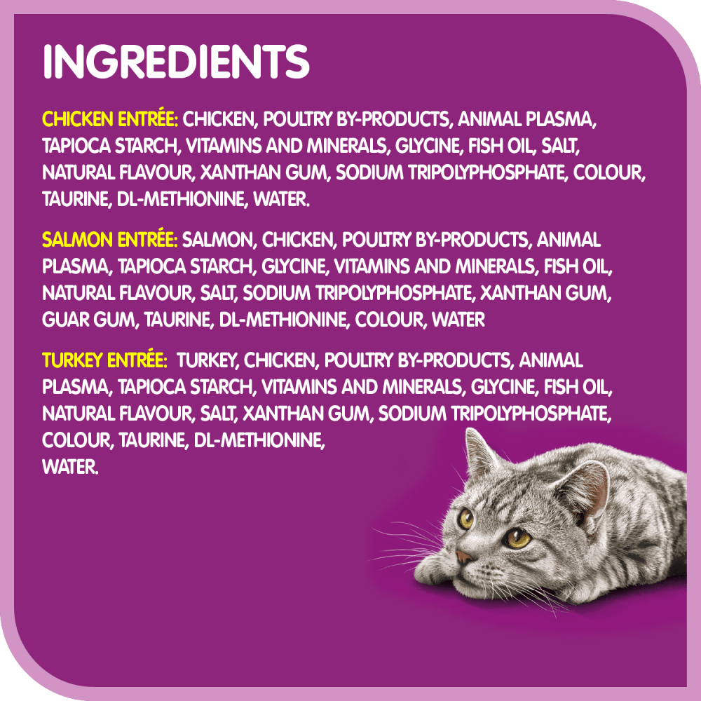 WHISKAS® PERFECT PORTIONS® Cuts in Gravy Chicken, Turkey and Salmon Entrée Variety Mega Pack ingredients image 1